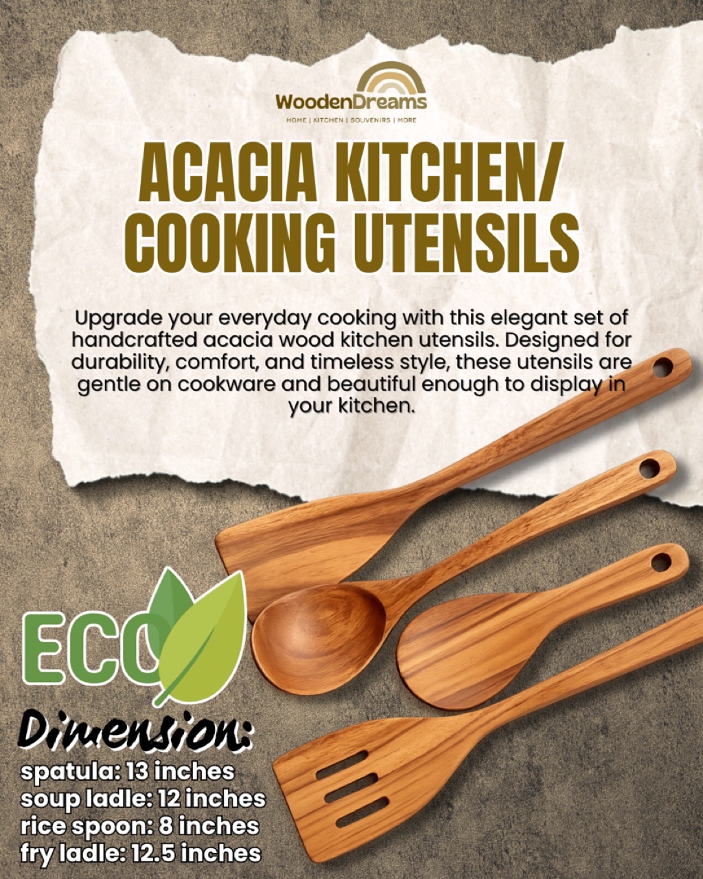 PERSONALIZED Acacia Kitchen Cooking Utensils Spatula Soup Fry Ladle ...