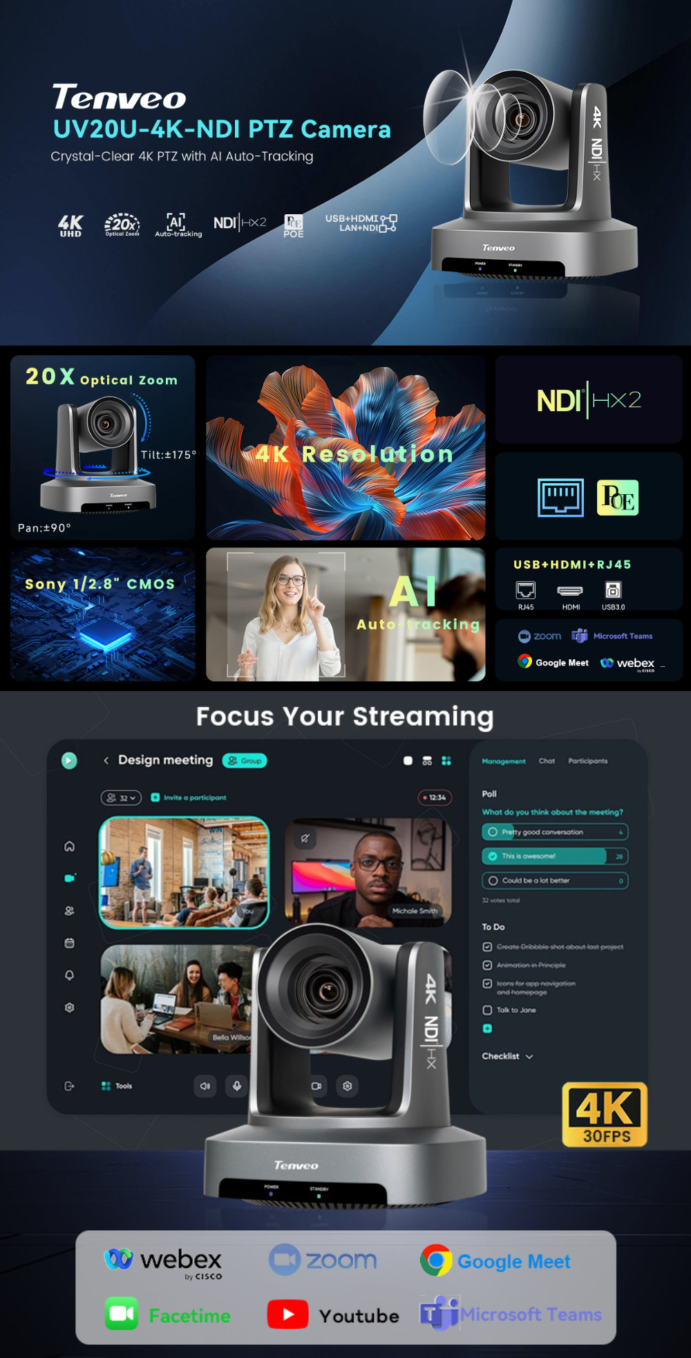 Tenveo TEVO UV20U-4K-NDI 4K AI Auto Tracking PTZ Video Camera with 20x ...