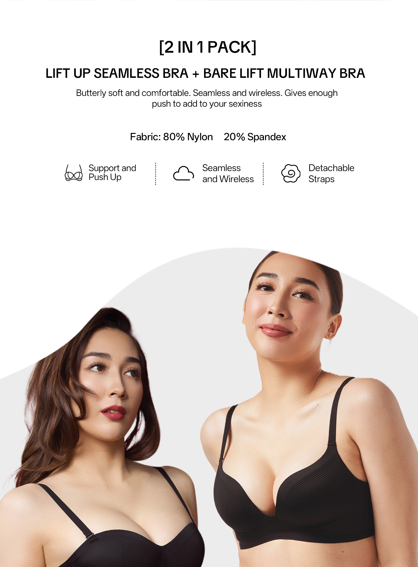 [2 in 1 Bundle] Lift up Seamless Bra + Bare Lift Multiway Bra, Butterly ...