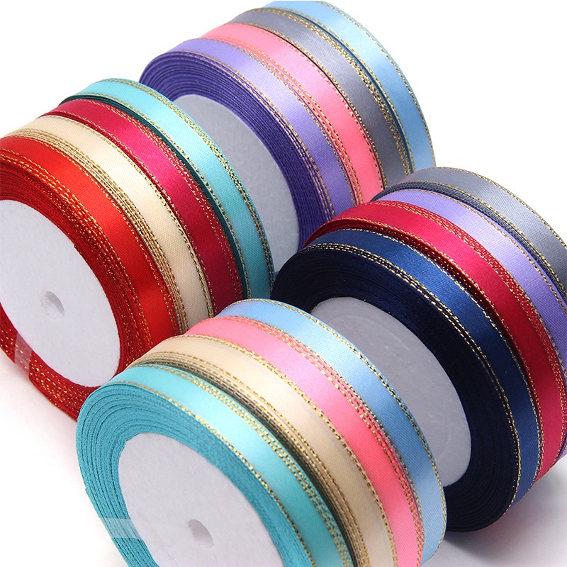 1cm 25yards Satin Ribbon with Gold Edge Gift Wrapping Wedding Birthday ...