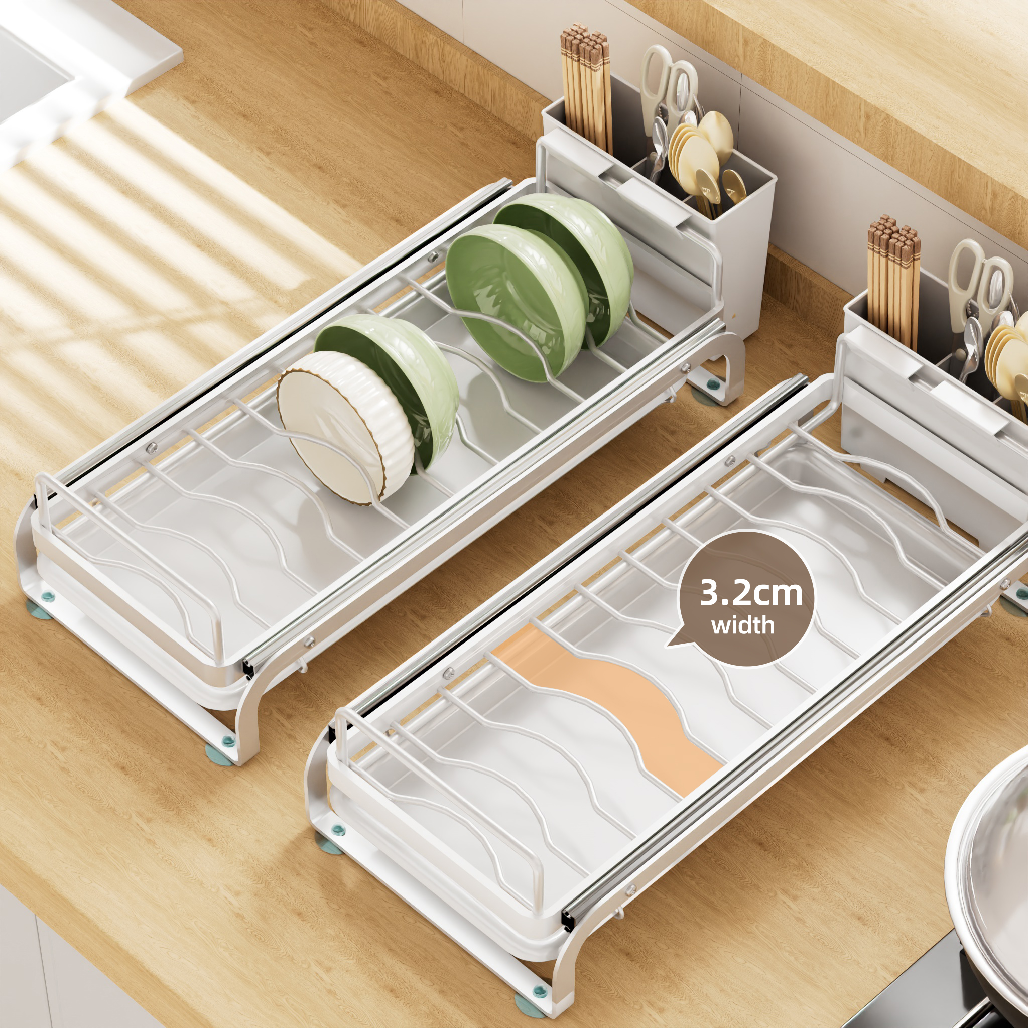 Cabinet Pull Out Dish Rack Kitchen Slide Single Row Drainer Drawer Dish ...