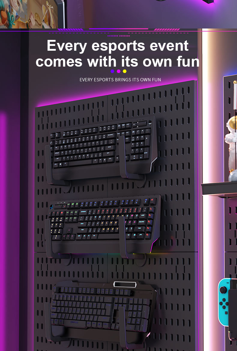 Gaming room pegboard storage rack black wall-mounted computer desk wall ...