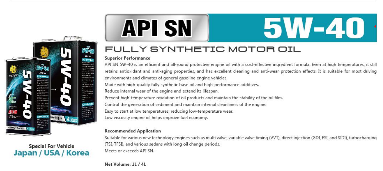 Medex Taiwan Engine Oil API SN SAE 5W40 Fully Synthetic (for Gasoline ...