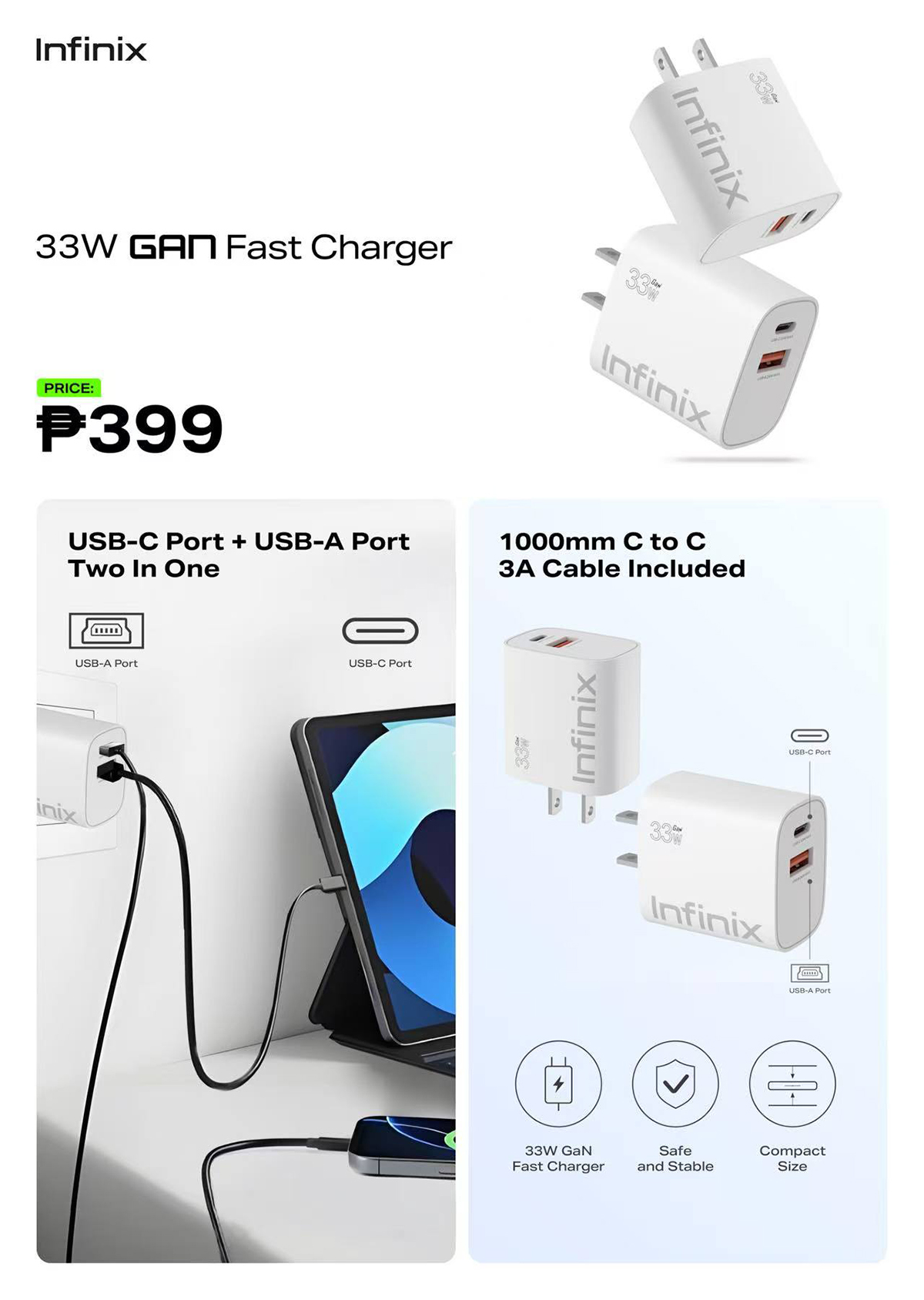 Infinix 33W GaN Fast Charger | Two-in-one USB-C Port + USB-A Port ...