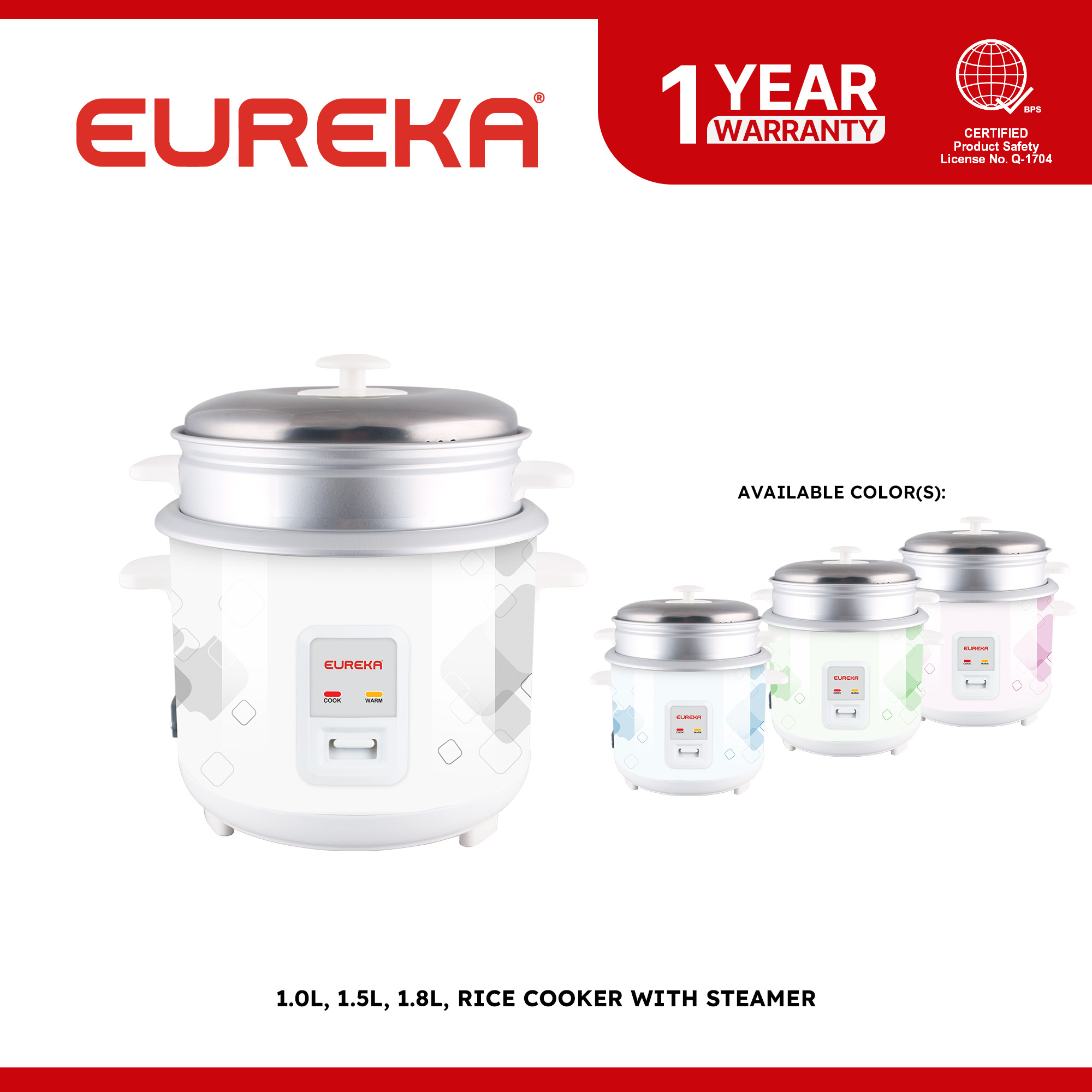 Eureka Rice Cooker With Steamer ERC 1.0, 1.5, 1.8, 2.5 L | Shopee ...