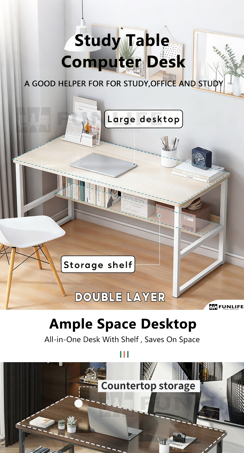 Study Table Double Layer Long Table Sturdy Computer Desk Storable ...