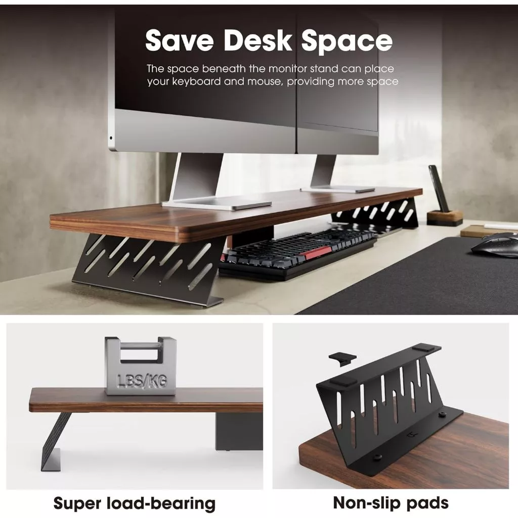 100CM Dual Monitor Stand Desk,Computer Monitor Riser Stand,Wood & Steel ...
