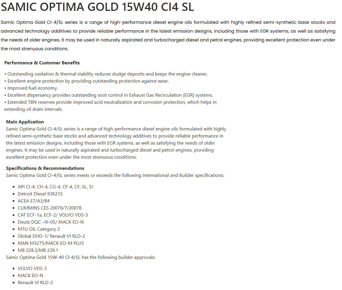 SAMIC Optima Platinum 15W-40 Fully Synthetic Diesel Oil 1 Liter / 5 ...