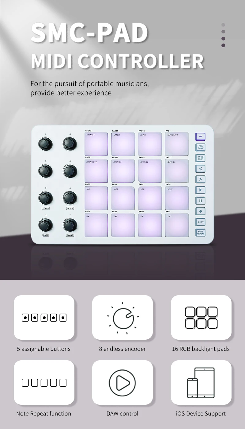 M-VAVE SMC-PAD Wireless MIDI Controller Suitable Percussion Keyboard ...