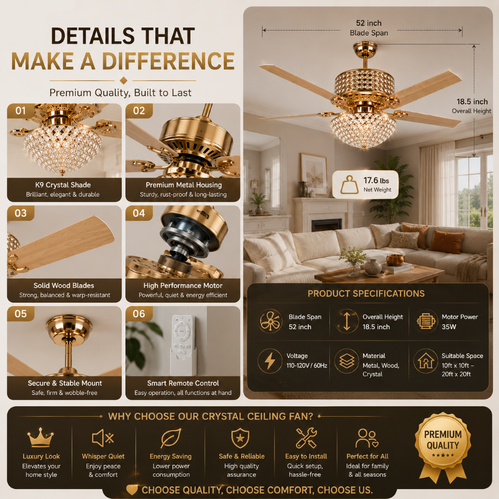 Crystal Ceiling Fan with Light Silent Motor 24W 3 Color LED Remote ...