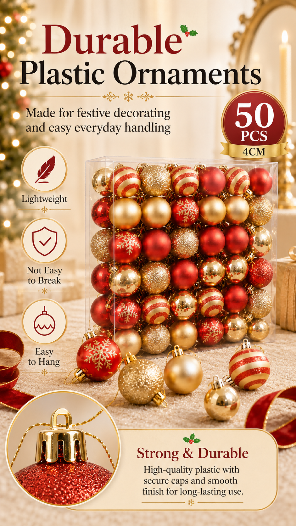 50Pcs Christmas Tree Ball Set 4cm Red Gold Plastic Hanging Ornaments ...