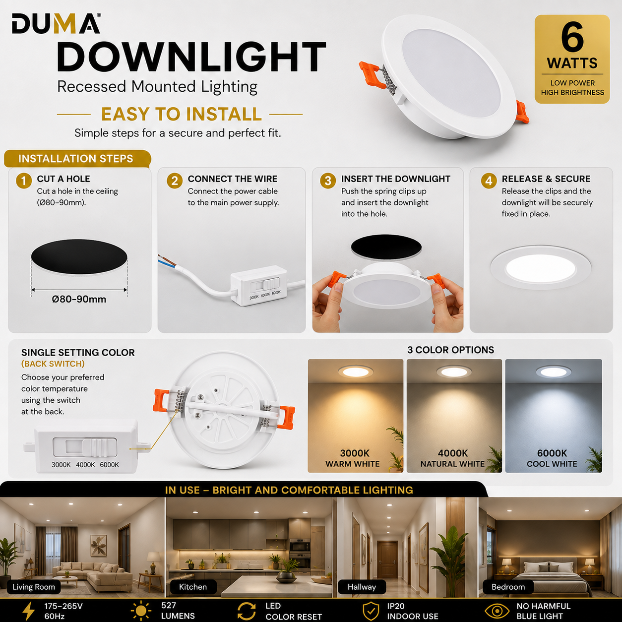 DUMA 6W LED RECESSED DOWNLIGHT TRI-COLOR 527LM | 2-WAY LIGHTING MODE ...