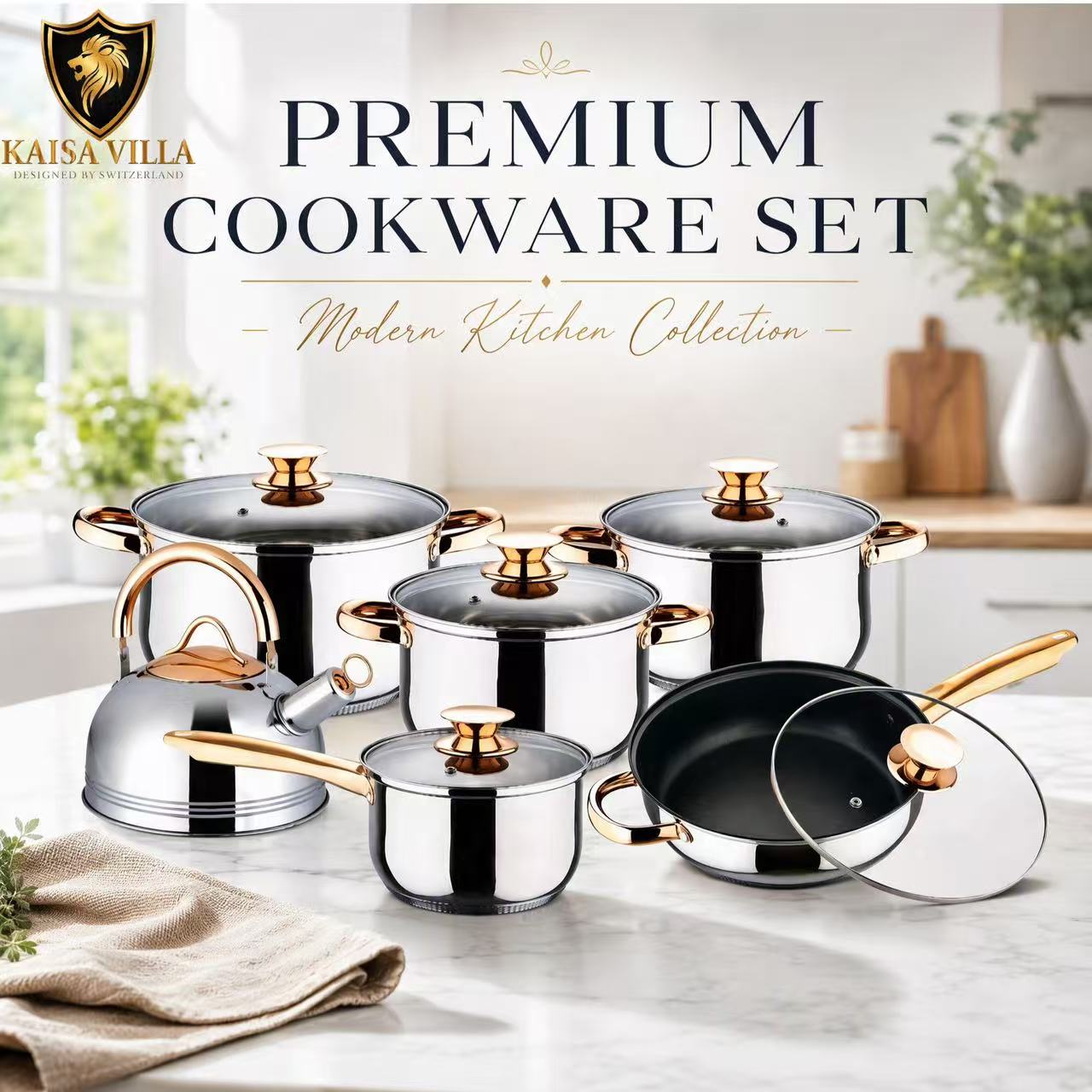 Kaisa Villa KV-1004 12Pcs Gold Cookware Set Stainless Steel With Frying ...