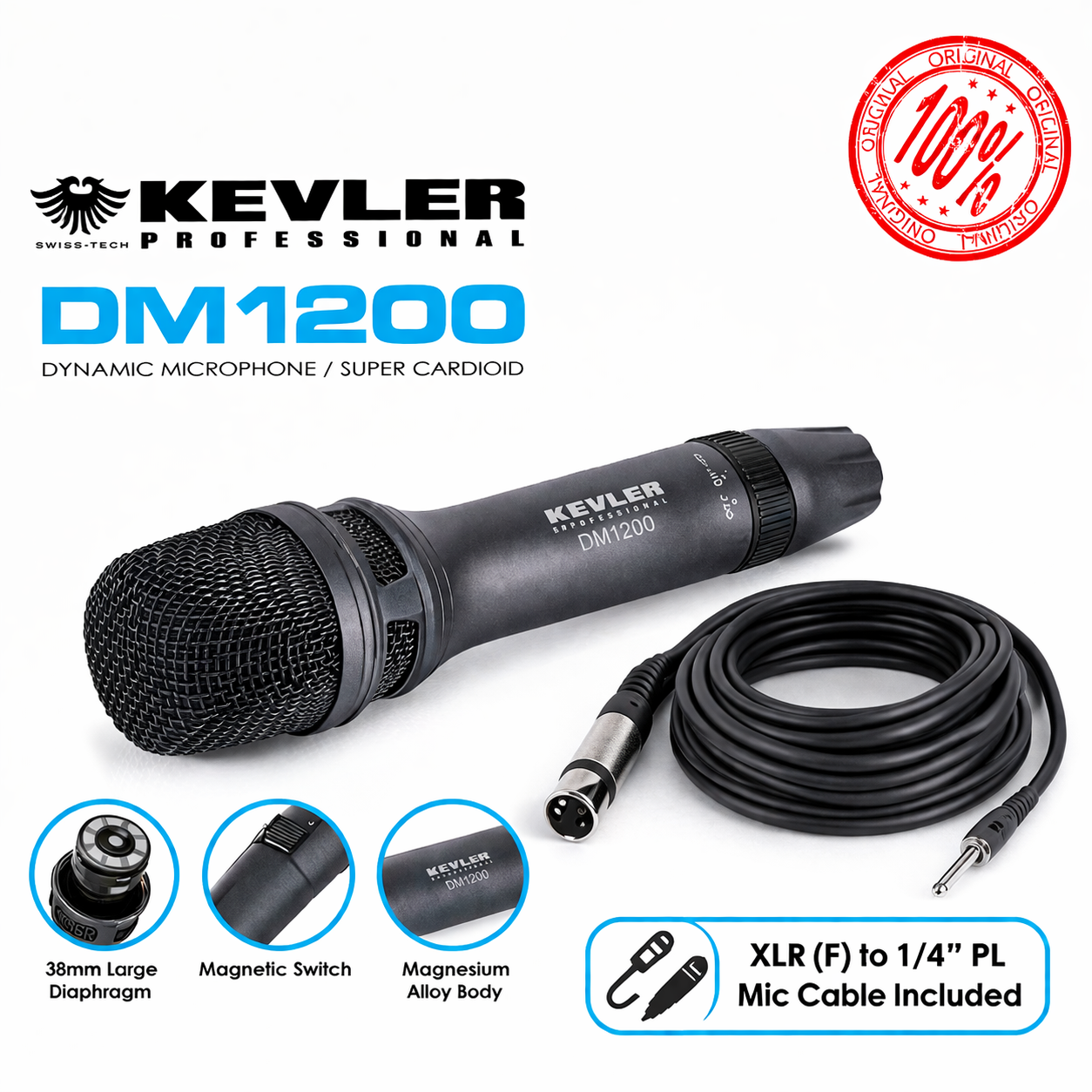 Kevler DM1200 Dynamic Microphone Super Cardioid | With XLR to 1/4 PL ...