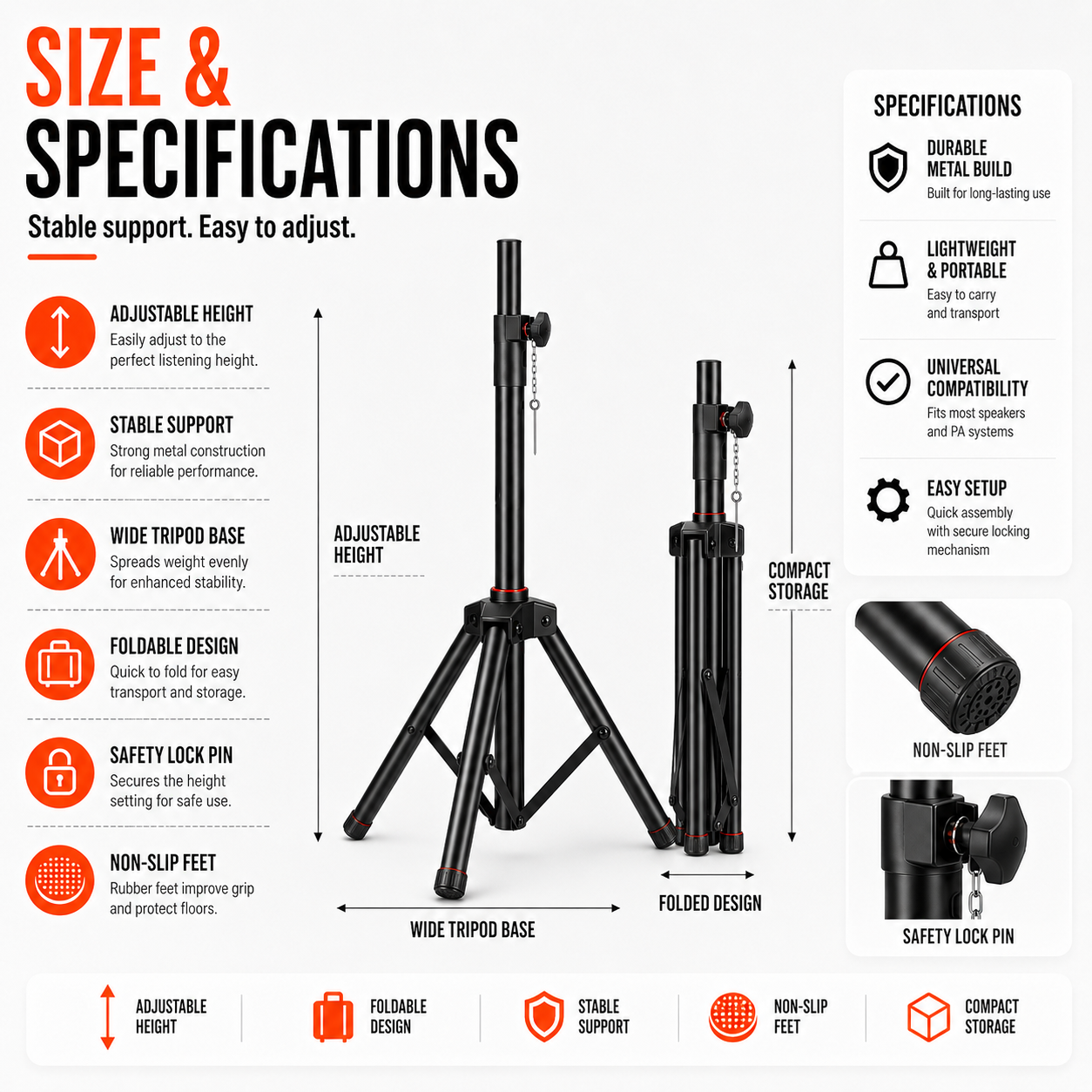 【Hot Selling】All-Metal Stable Tripod Speaker Stand Height Adjustable ...