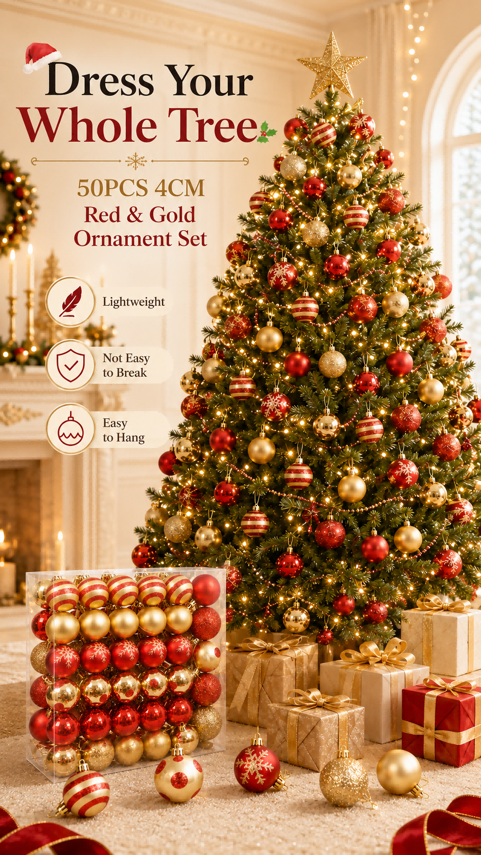 50Pcs Christmas Tree Ball Set 4cm Red Gold Plastic Hanging Ornaments ...