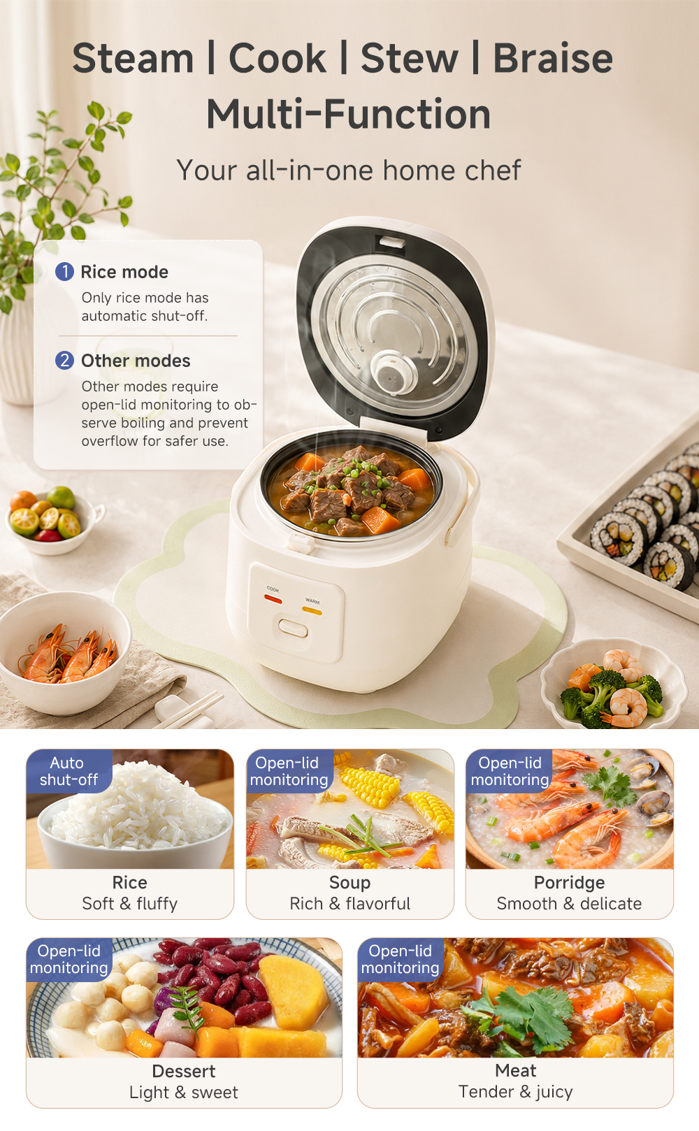 Simplus 2L Rice Cooker Mini Compact Home Use Non-Stick Inner Pot Steam ...