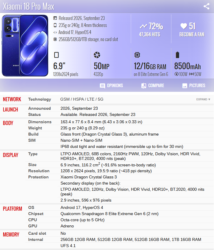 Xiaomi 18 Pro/Xiaomi 18 Pro Max/6.9 inches/Android 17/Snapdragon 8 ...
