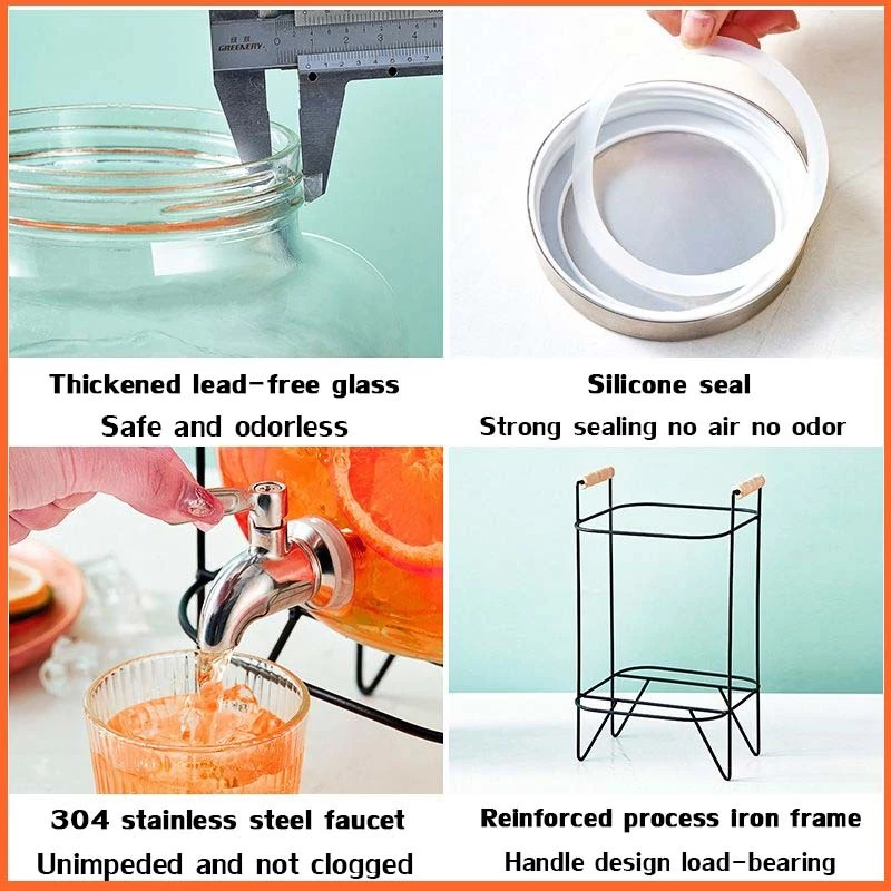 4L5L8L10LGlassBeverageDispenserJarwithMetal Stand & Faucet, Juice Water ...