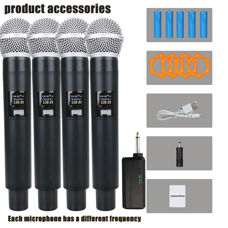 UHF 4‑in‑1 Wireless Handheld Microphone Black Metal Mic System with 6 ...