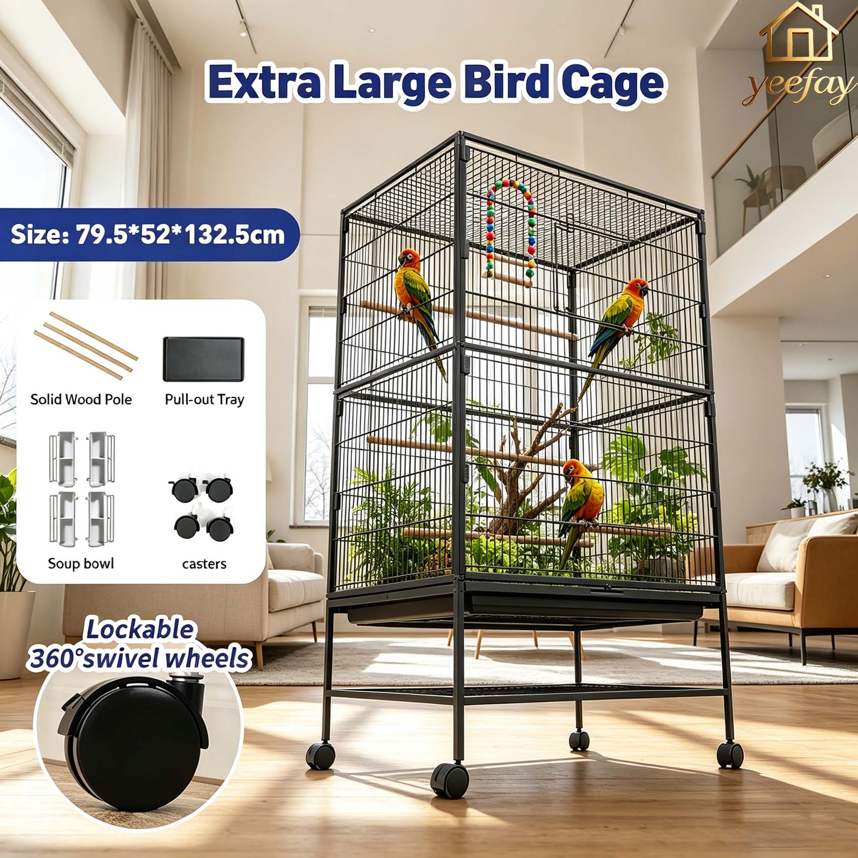 Extra-Large Bird Cage Iron Big Parrot Cage with Tray Multifunction Bird ...