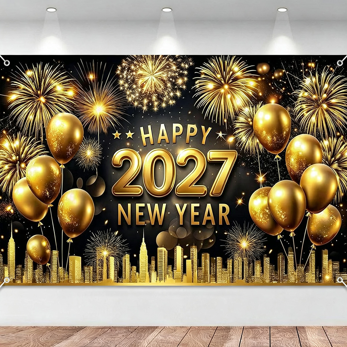 2027 Happy New Year Banner Black Gold Fireworks Banner Backdrop for New ...