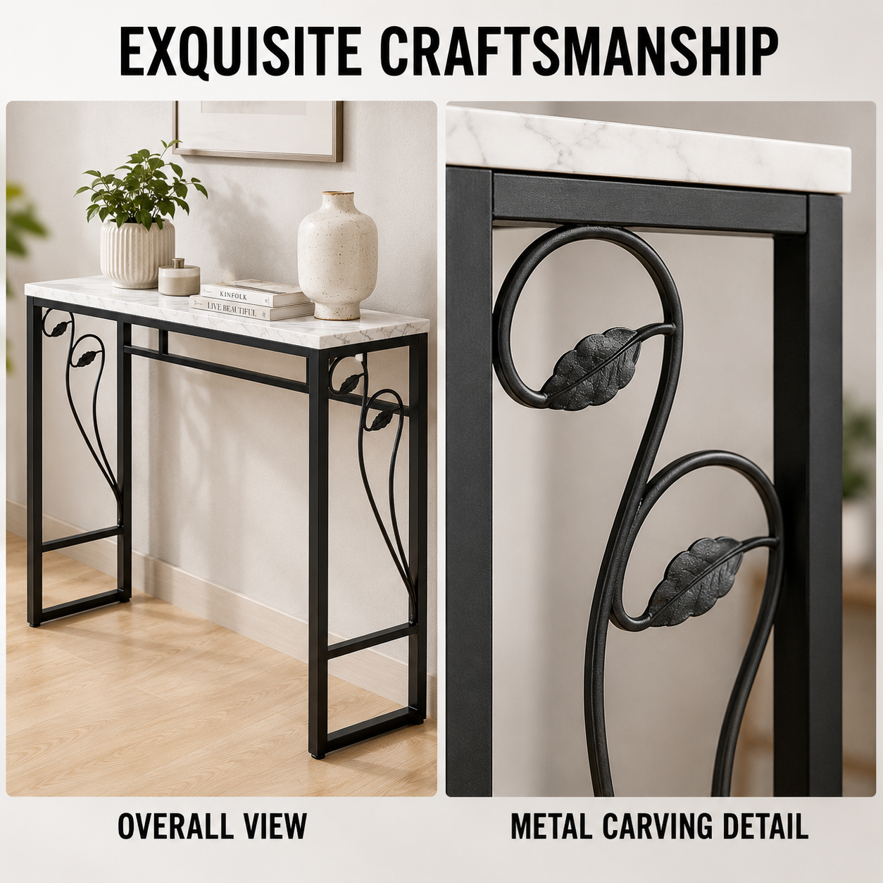 Console Table Marble Look Top with Metal Frame, Slim Entryway Sofa Side ...