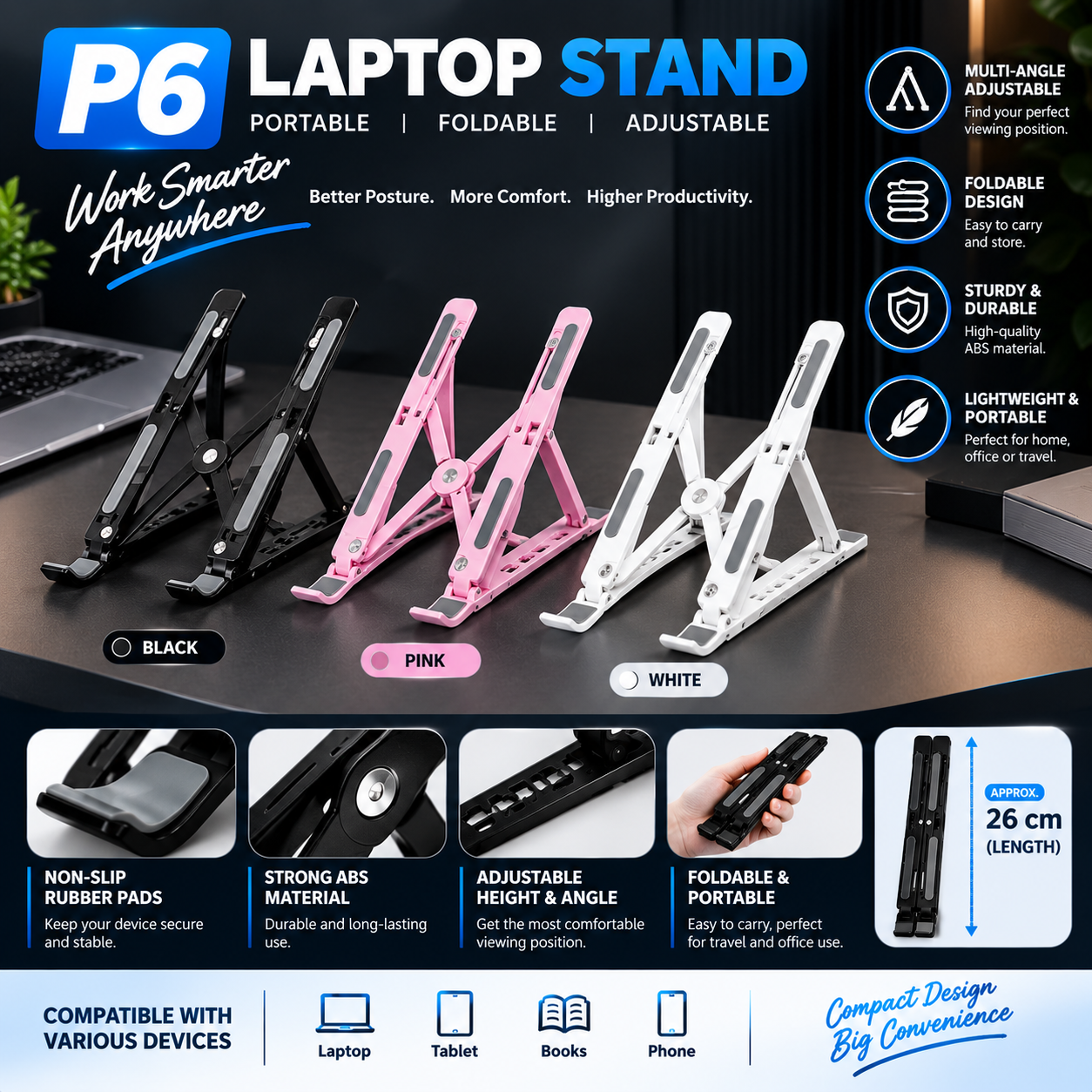 [SHANSHAN] P6 Laptop Stand Portable Hands Free ABS Adjustable Foldable ...