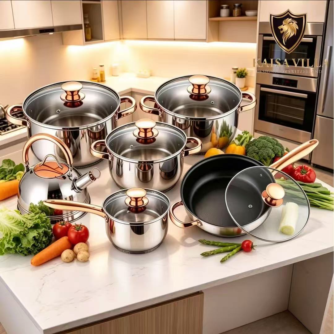 Kaisa Villa KV-1004 12Pcs Gold Cookware Set Stainless Steel With Frying ...