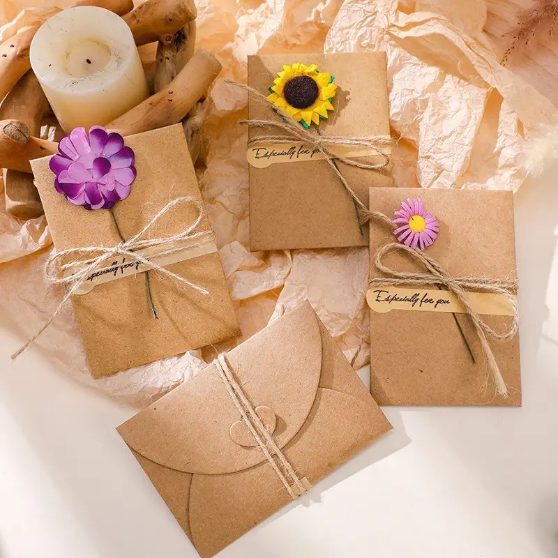 5PCS Dried Flower Greeting Card Kraft Paper Card with Envelope for ...