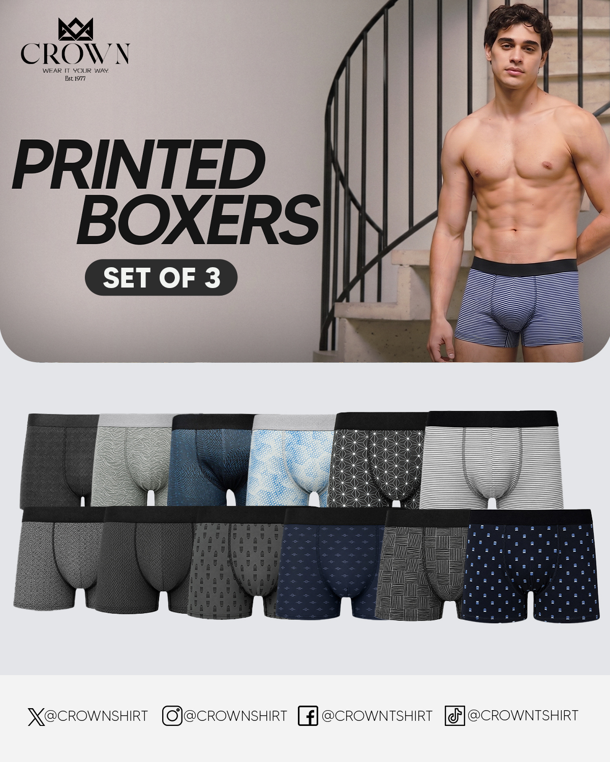 Crown Mens Printed Boxer Brief Set of 3 Random Colors Garterized Cotton ...
