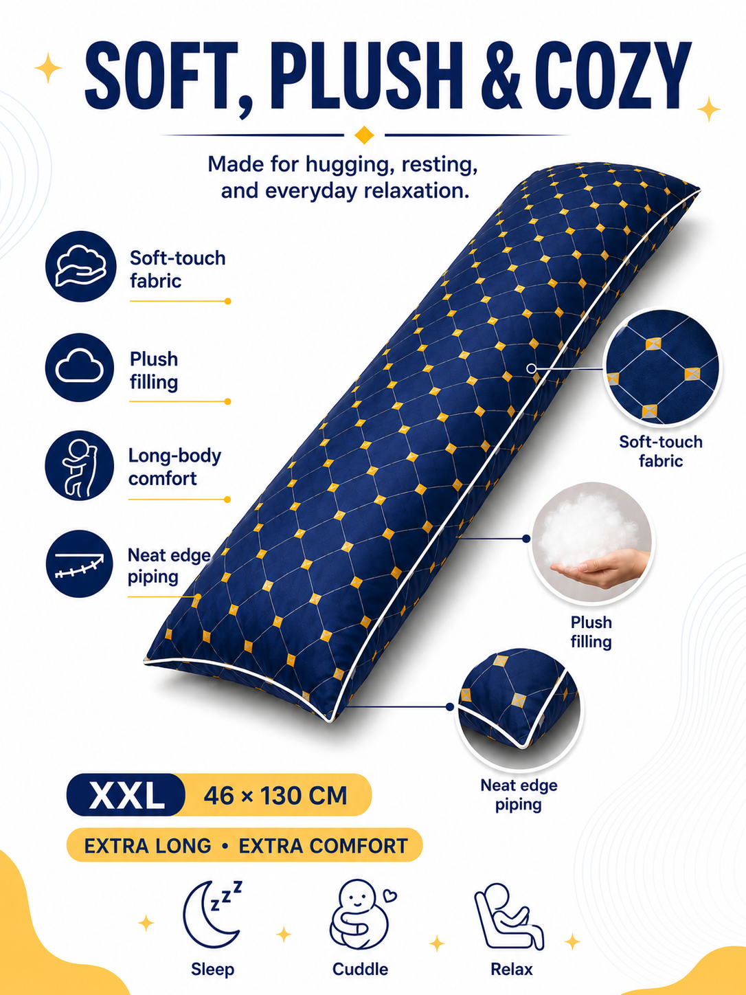 XXL Body Pillow 46x130cm Soft Long Hug Pillow for Sleeping Hugging ...