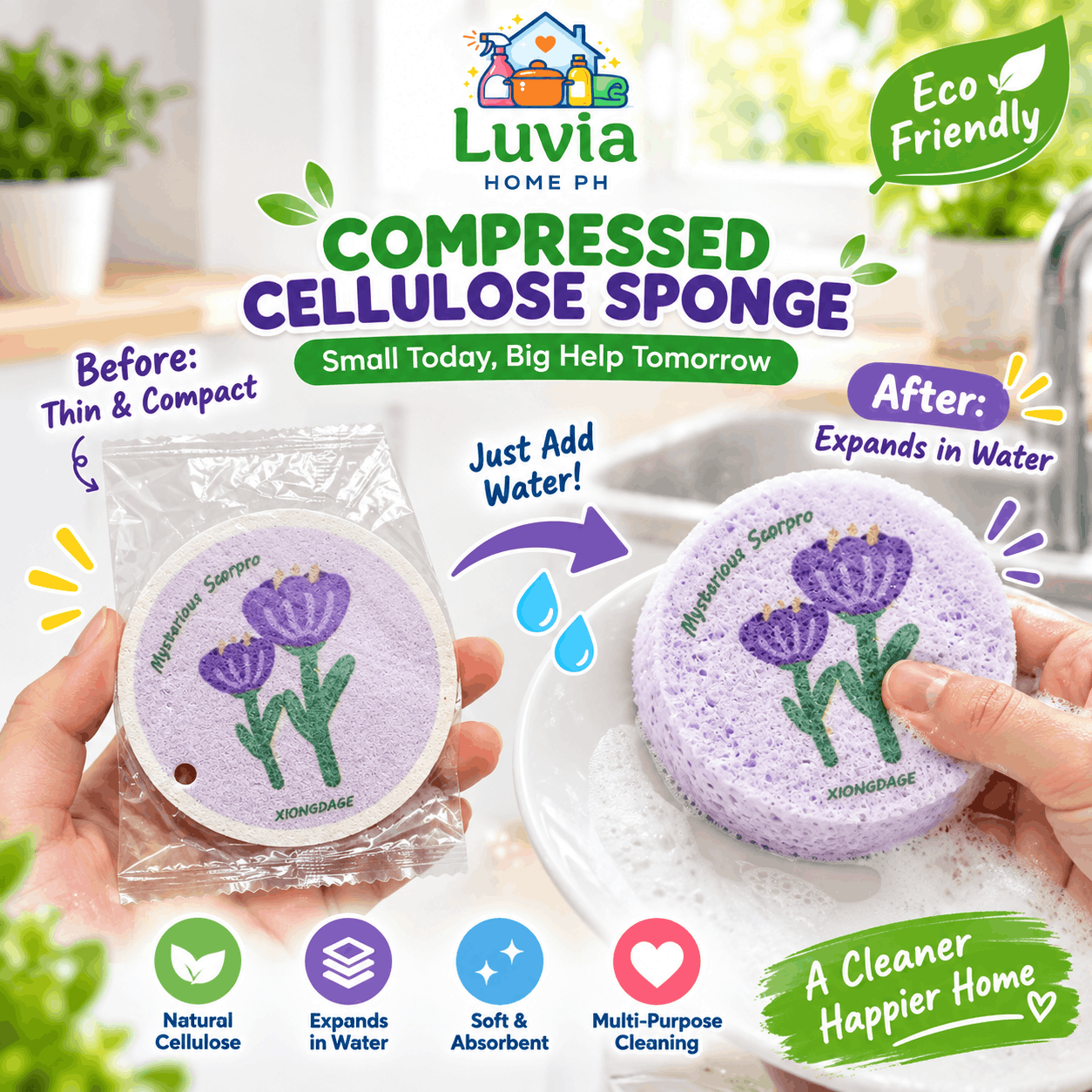 Compressed Cellulose Sponge Reusable Absorbent Dishwashing Kitchen ...