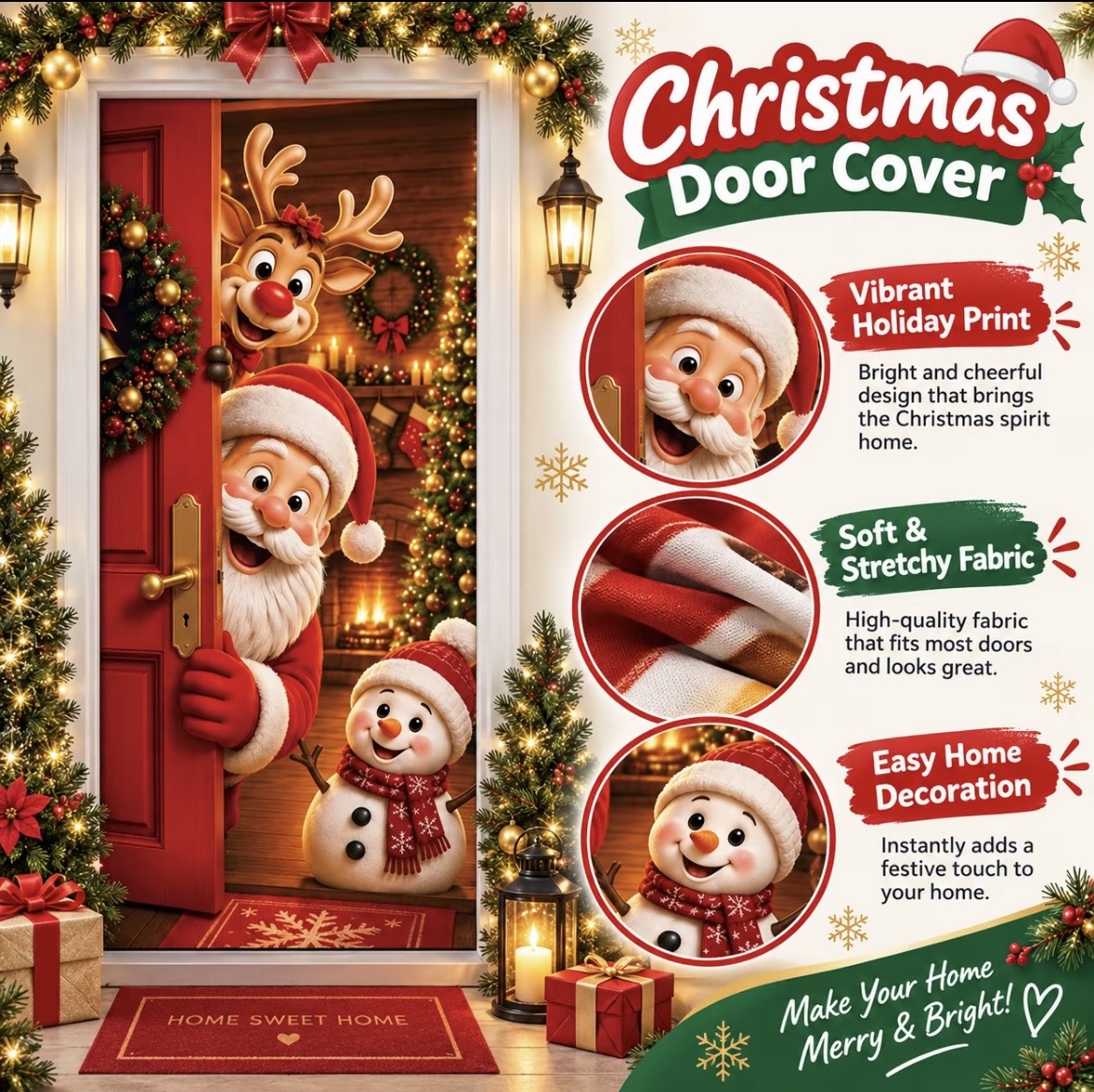 【COD】Christmas Door Curtain Santa & Reindeer Print 90 x 180 cm Holiday ...
