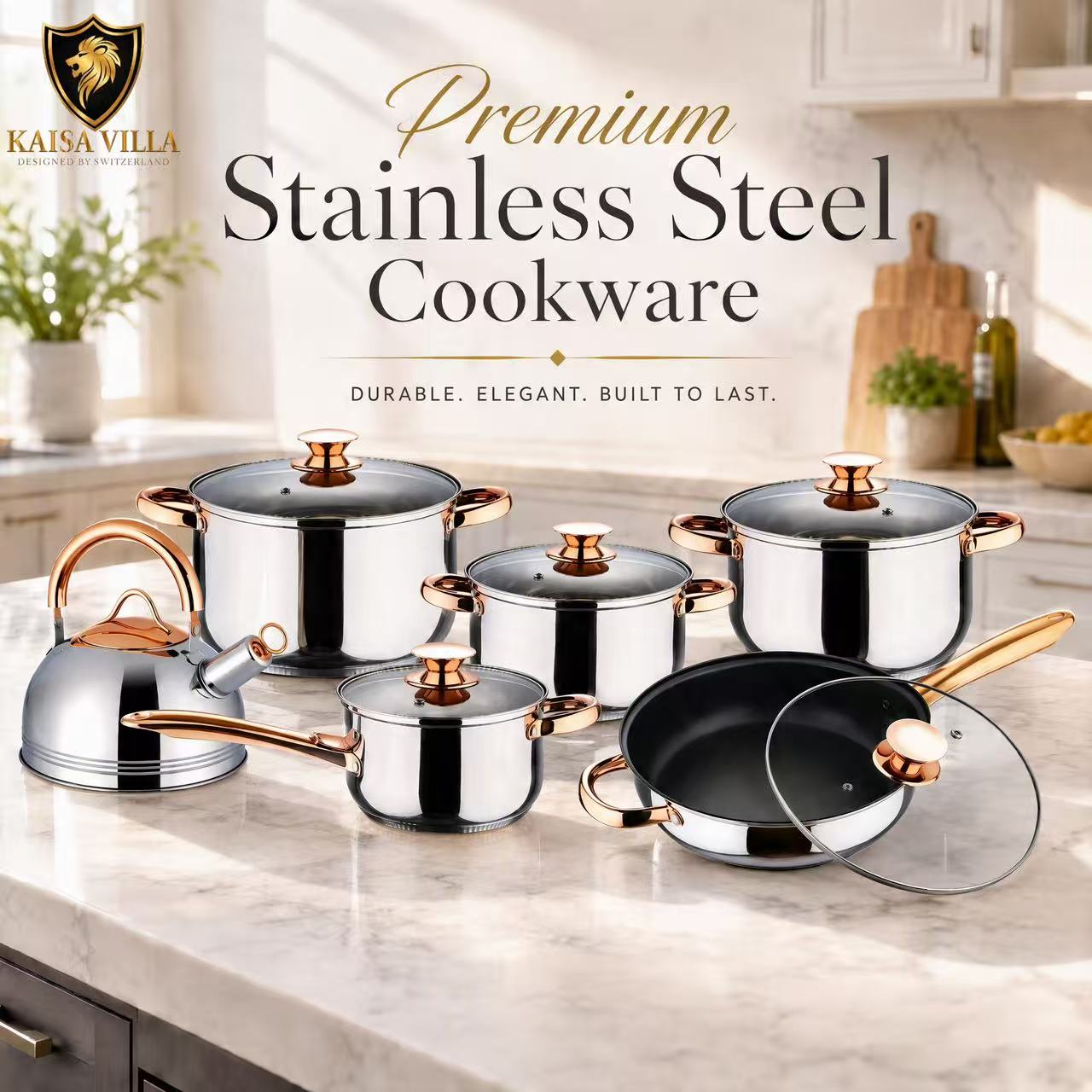 Kaisa Villa KV-1004 12Pcs Gold Cookware Set Stainless Steel With Frying ...