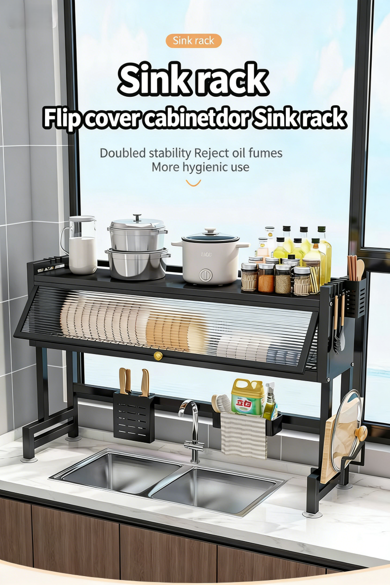 Kitchen Sink Dish Cabinet Rack Dustproof Double Layer Bowl Plate ...