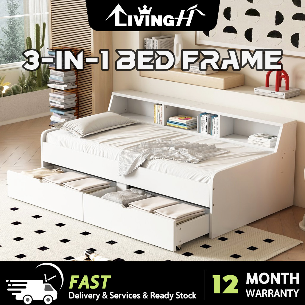 LIVING Super Single Bed 90 x 200 cm with 2 Drawers, Armrests with 4 ...