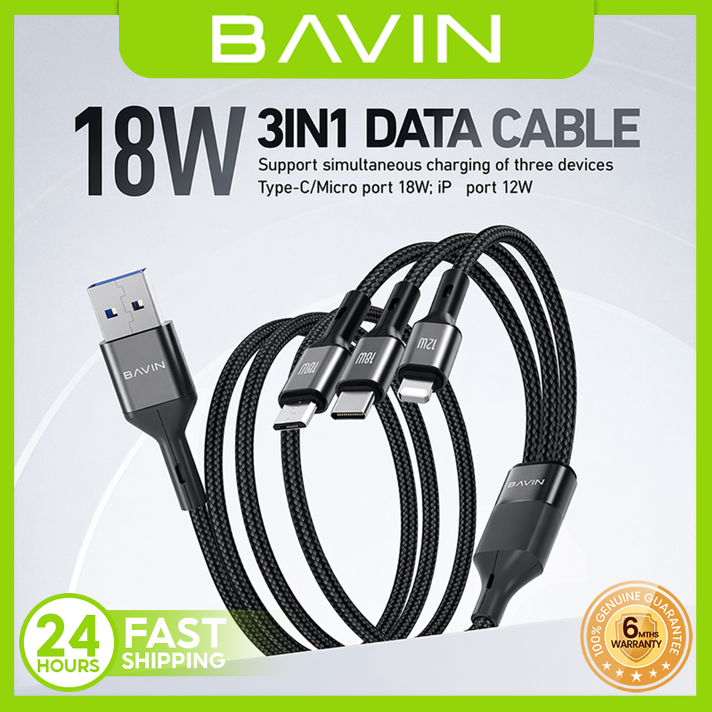 BAVIN CB365 3-in-1 Fast Charging Cable Nylon Braided 3A 480Mbps Data ...