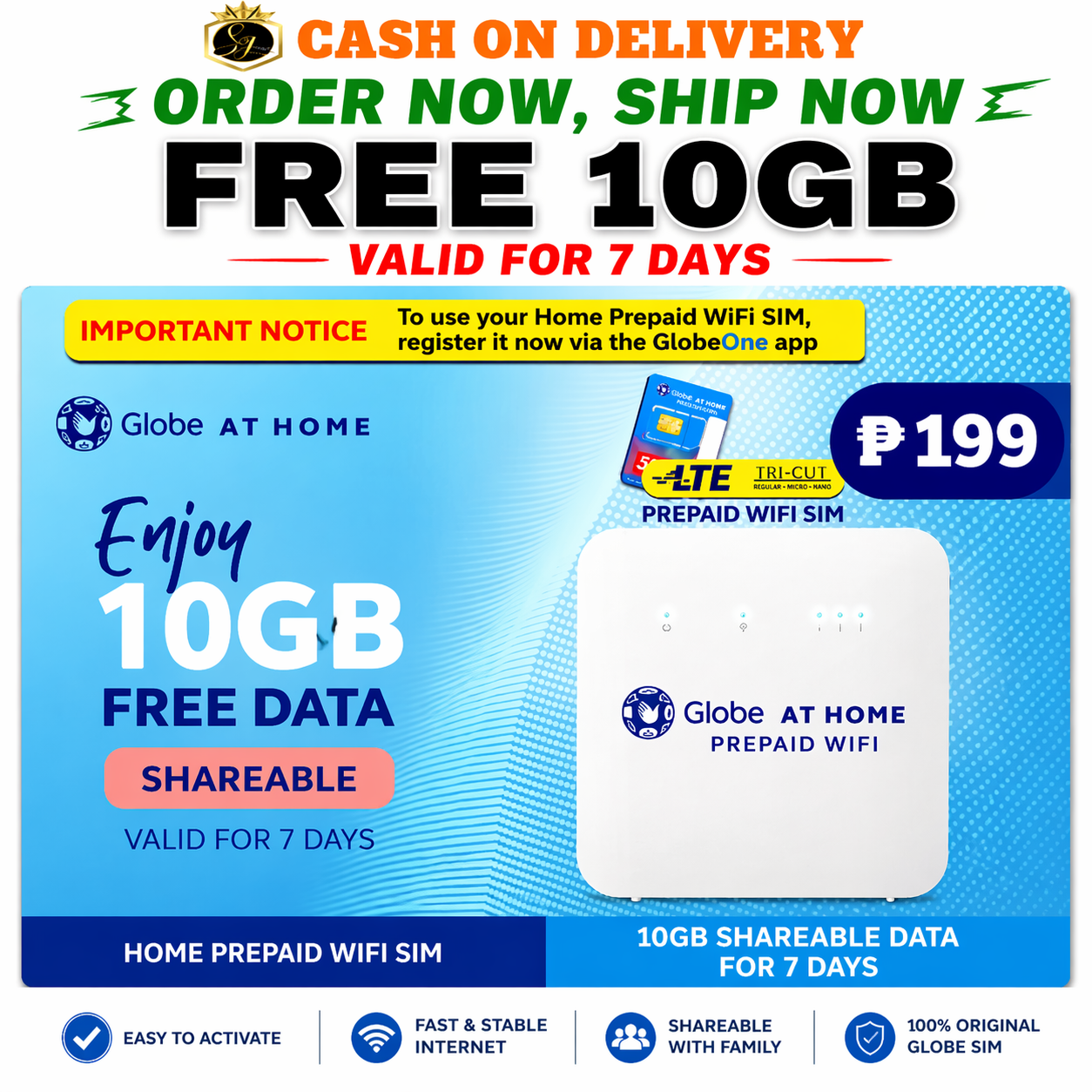 Gl0be At Home Prepaid WiFi SIM Card with FREE 10GB Data for 7Days | For ...