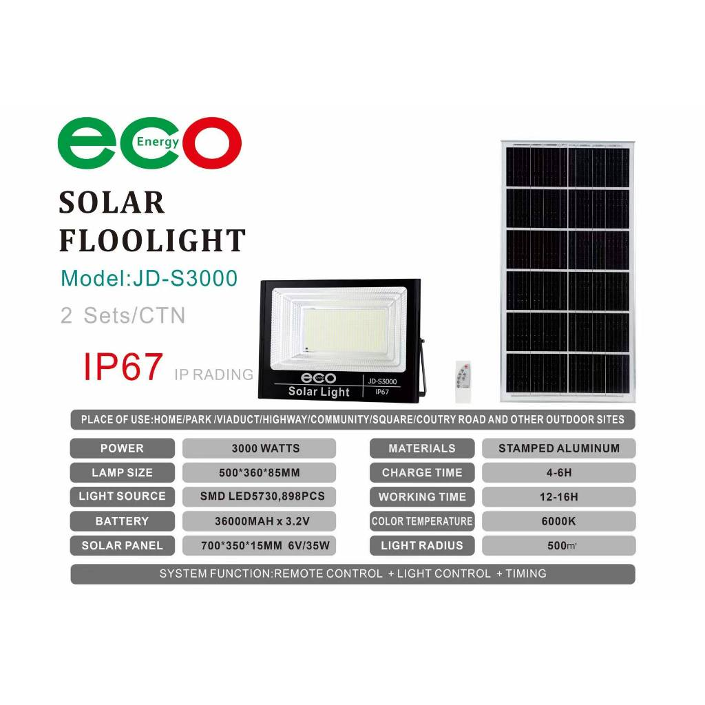 ECO JD-S3000/3000W Solar Flood Light Outdoor LED Street With Remote and ...