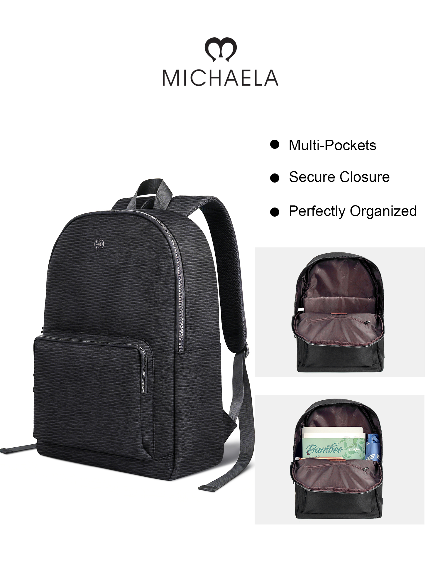 MICHAELA Minimalist Campus Backpack Laptop Sleeve Roomy School Bag for ...