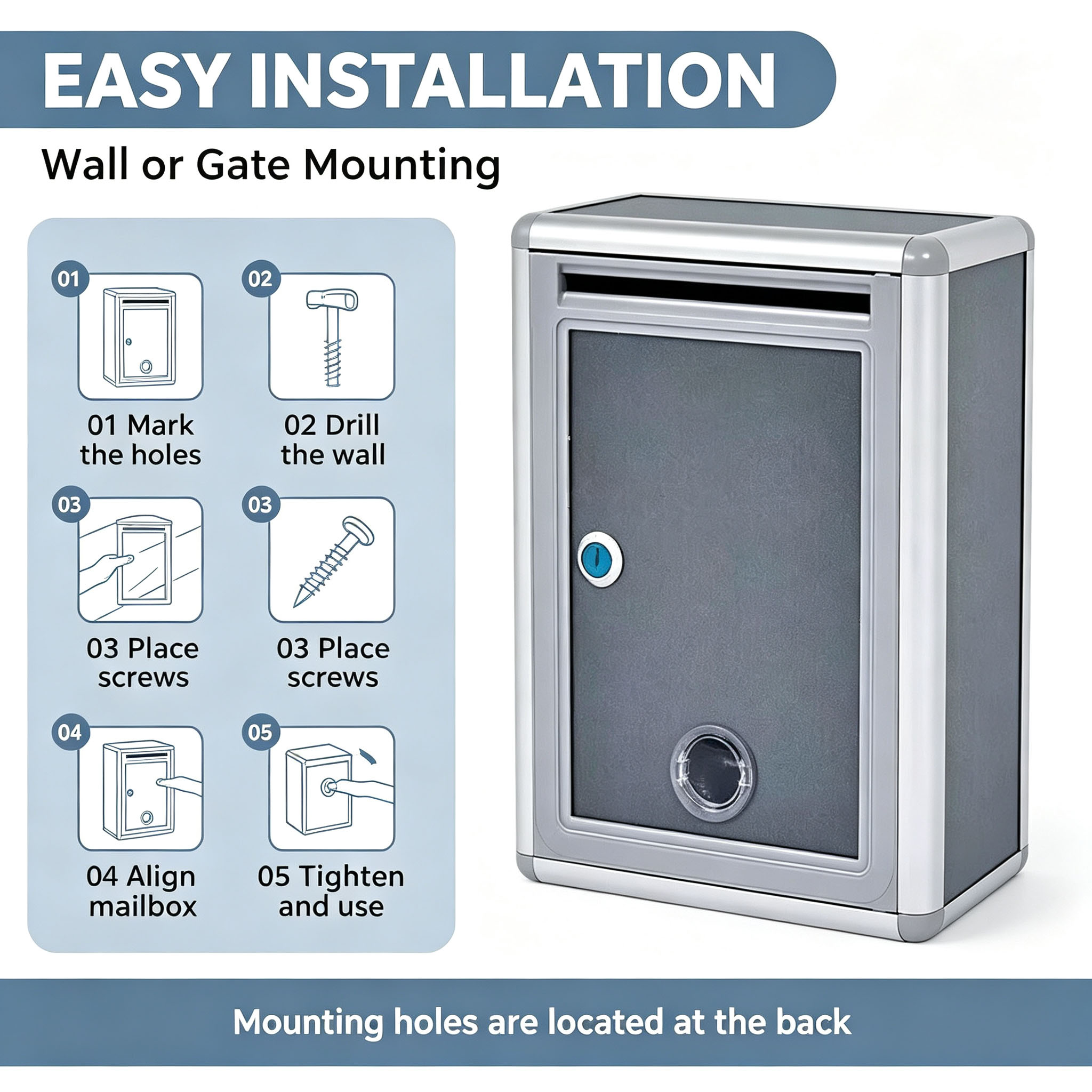 Wall Mounted Lockable Metal Letter Box Rainproof Outdoor Wall‑Mount ...