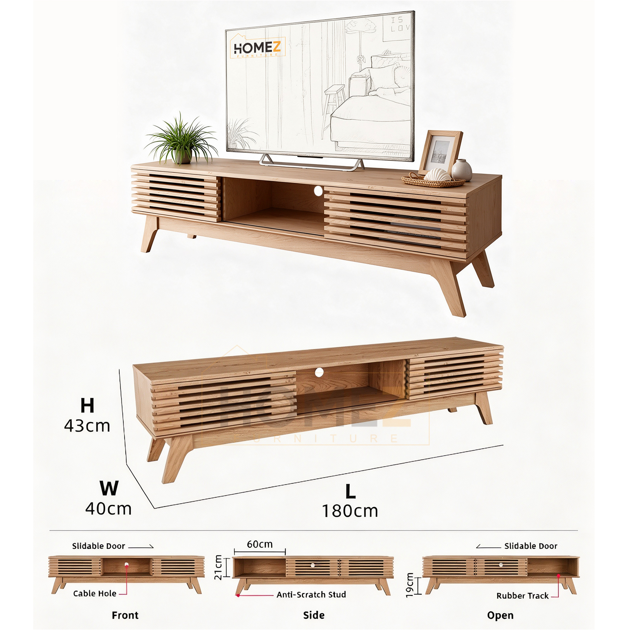 HOMEZ Natural Modern Simple Wooden TV Console Cabinet Storage ...
