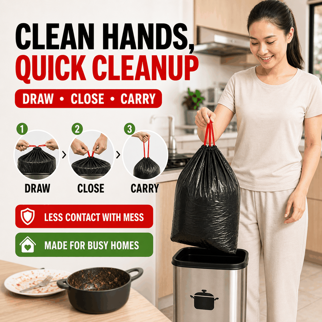 100pcs Drawstring Garbage Bags Thickened Trash Bags 10-120L Kitchen ...