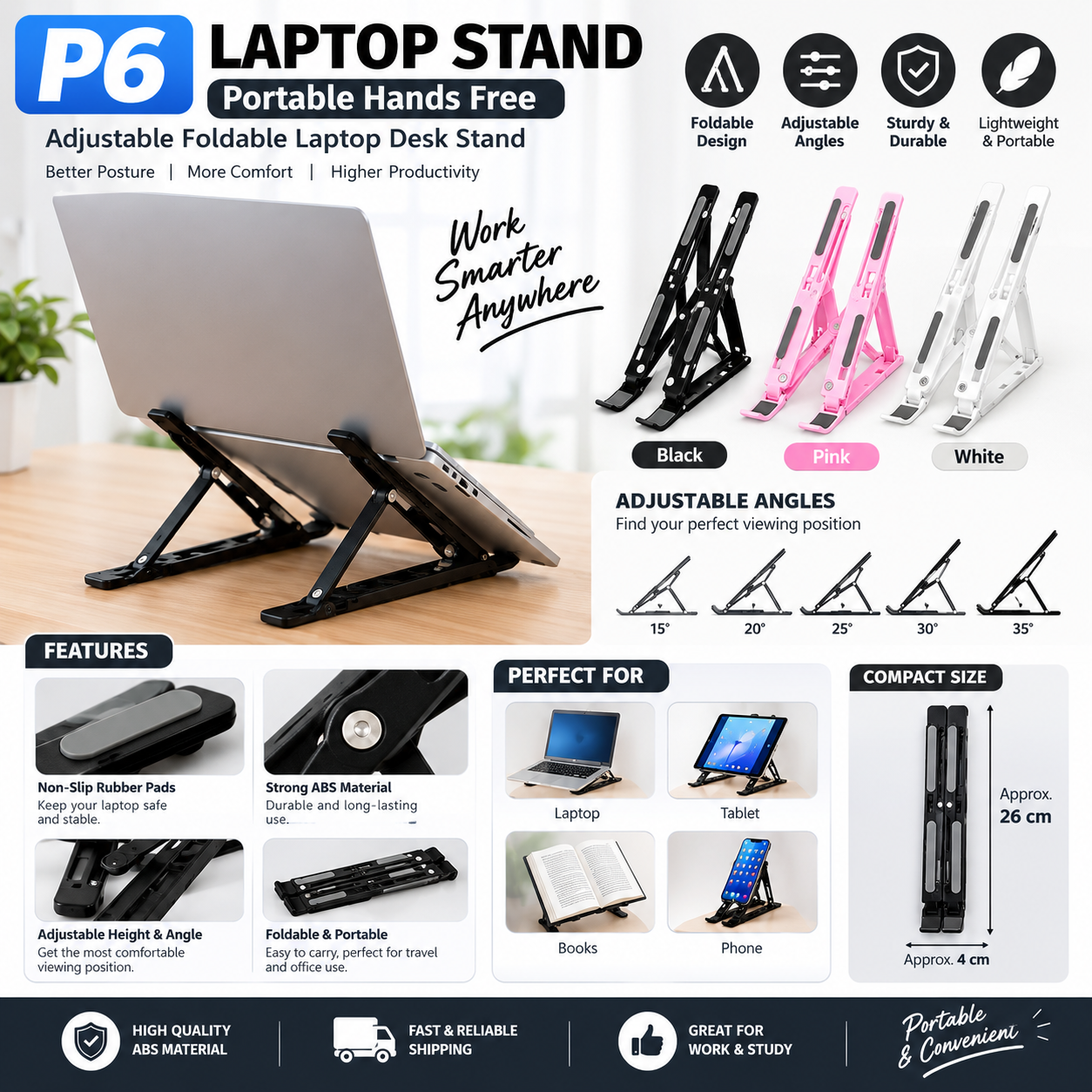 [SHANSHAN] P6 Laptop Stand Portable Hands Free ABS Adjustable Foldable ...