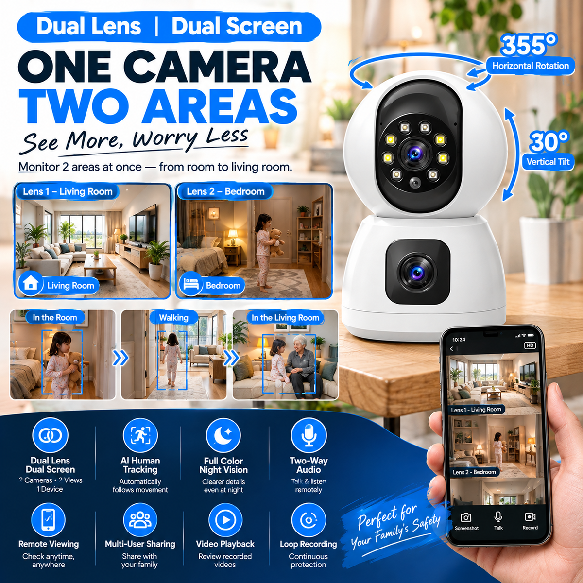 Dual Lens Dual Screen WiFi CCTV Camera 2 Areas AI Human Tracking 355 ...