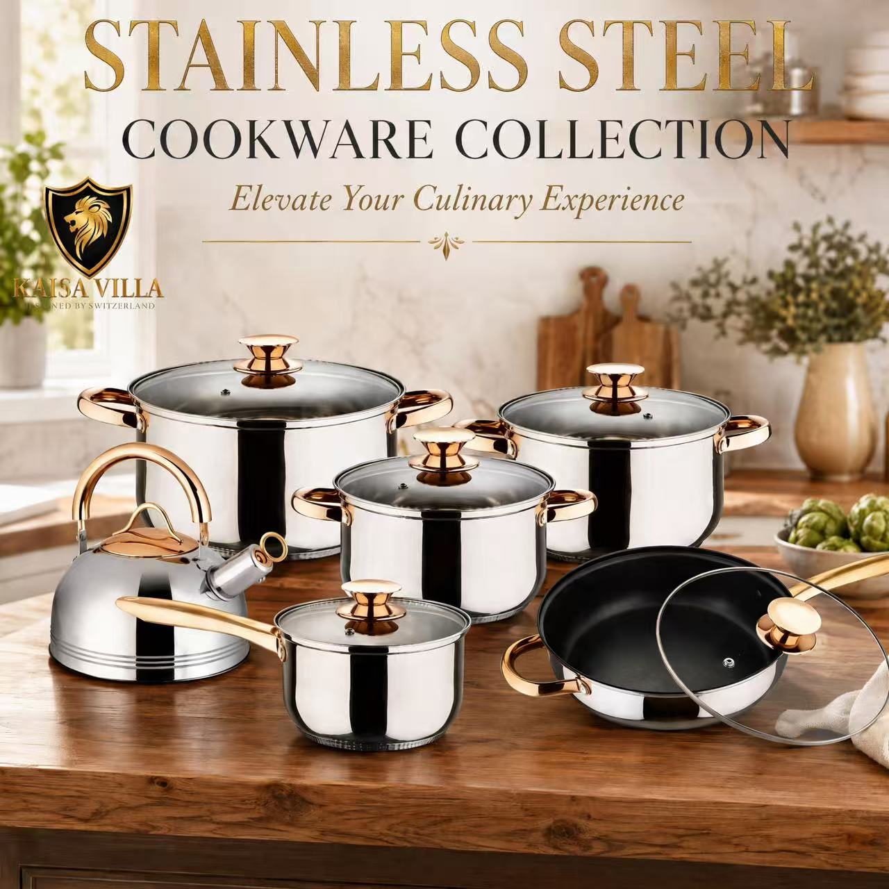 Kaisa Villa KV-1004 12Pcs Gold Cookware Set Stainless Steel With Frying ...