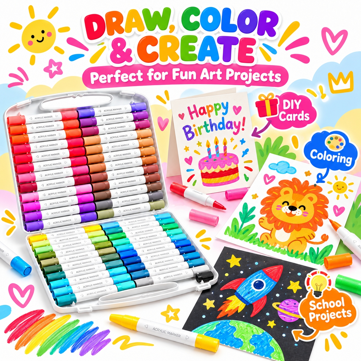 EM 48/60/80 Colors Dual Tip Acrylic Markers Soft Brush Fine Tip Paint ...
