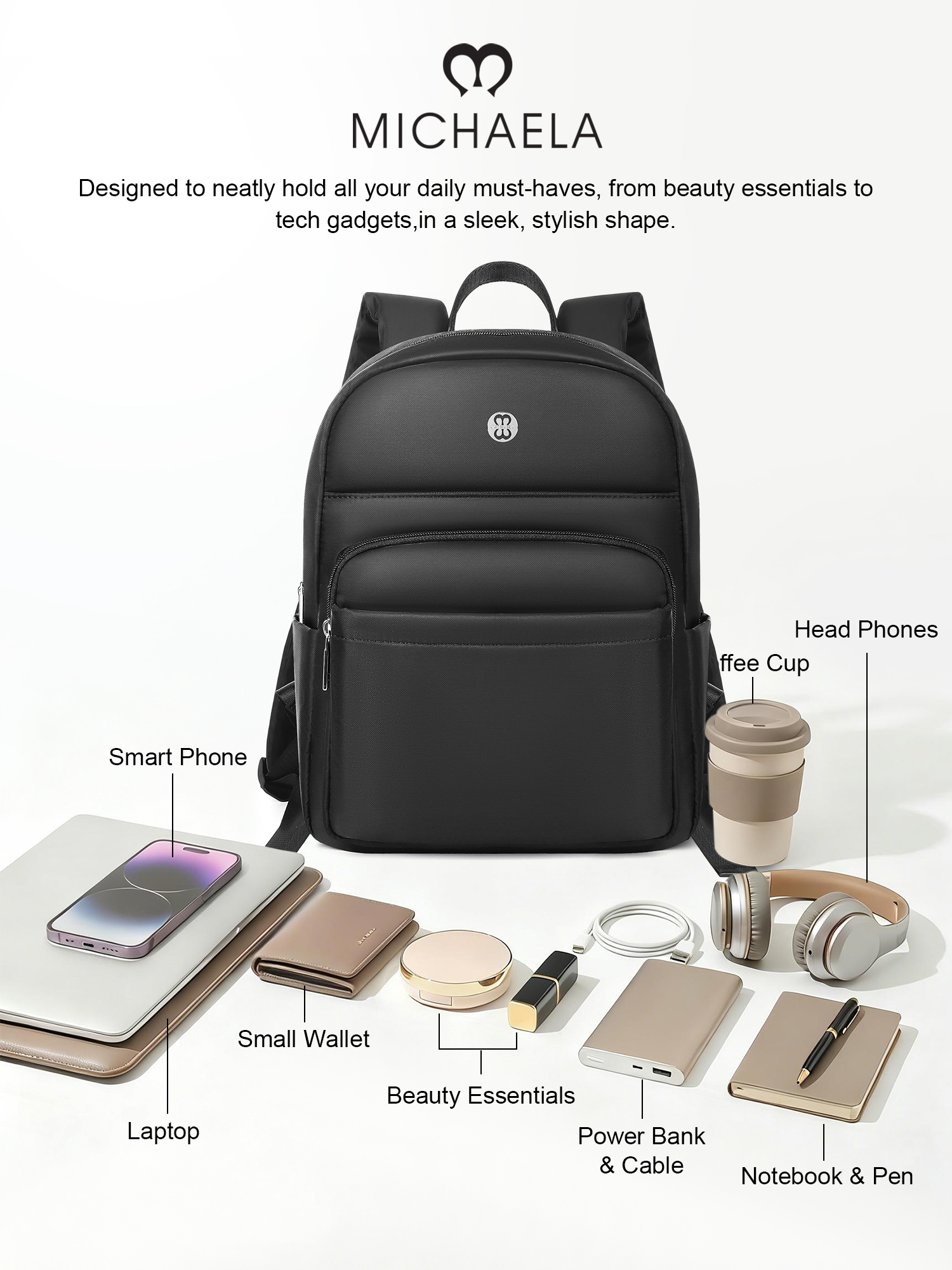 MICHAELA Clean-Lined Laptop Backpack Re-Nylon Roomy School Bag for ...