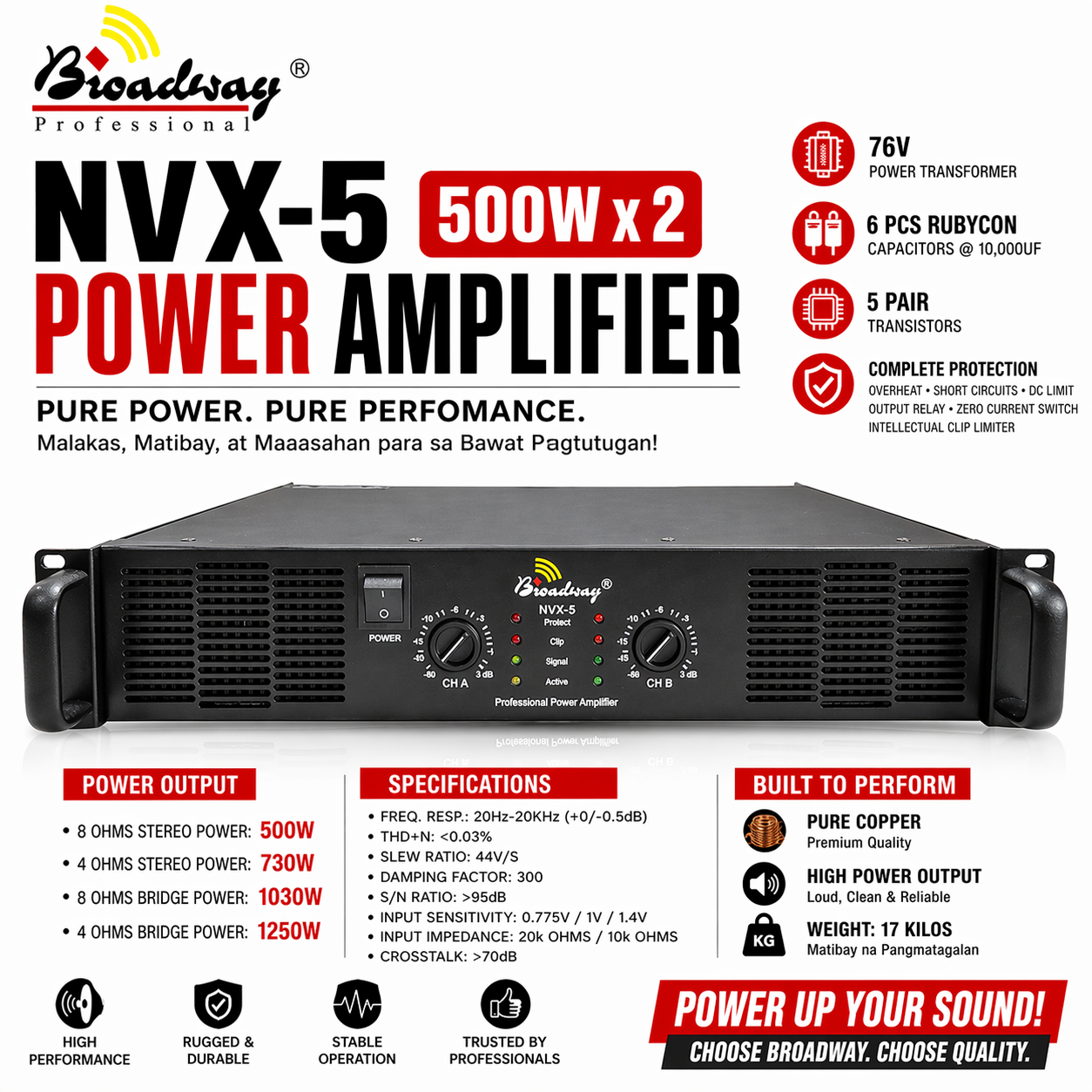 Broadway NVX-5 Professional Power Amplifier 500Wx2 | Pure Copper | High ...